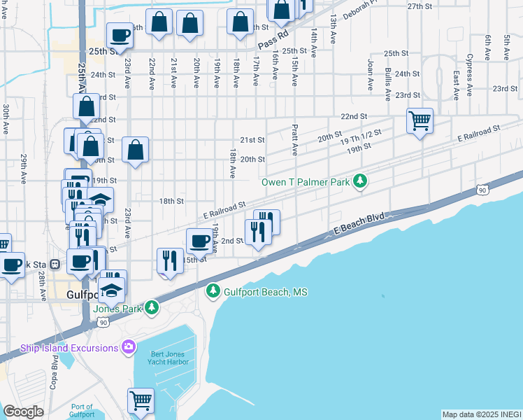 map of restaurants, bars, coffee shops, grocery stores, and more near 1703 3rd Street in Gulfport