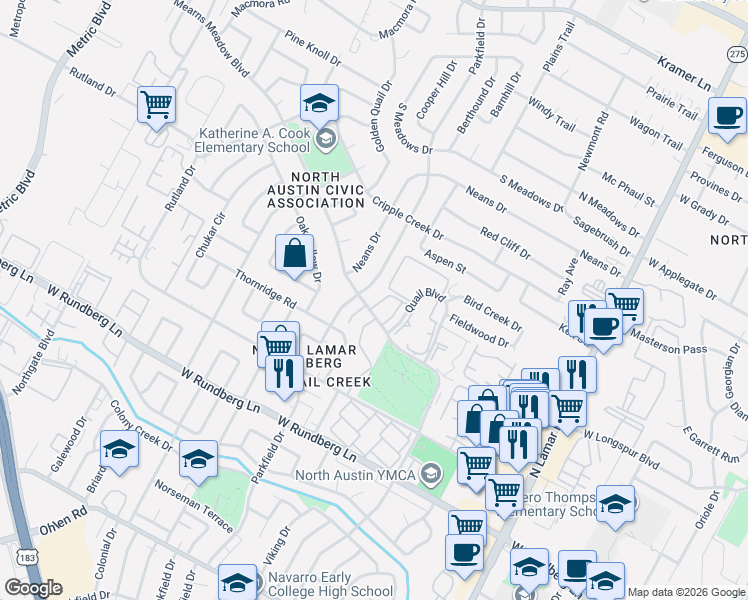 map of restaurants, bars, coffee shops, grocery stores, and more near 9803 Parkfield Drive in Austin