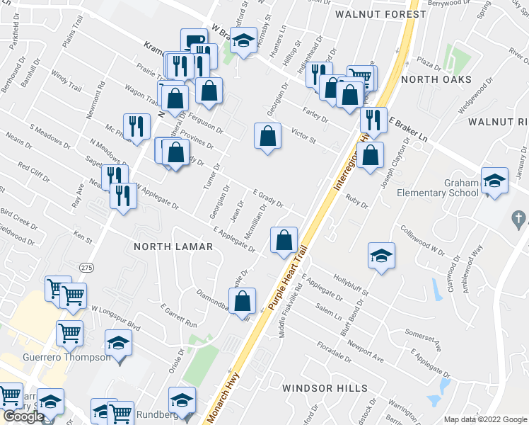map of restaurants, bars, coffee shops, grocery stores, and more near 10609 Mcmillian Drive in Austin
