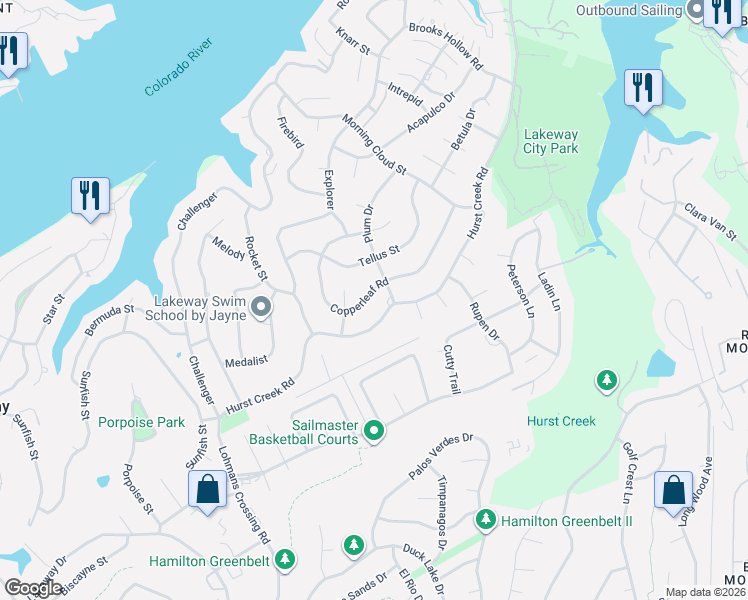 map of restaurants, bars, coffee shops, grocery stores, and more near 102 Plum Drive in Lakeway