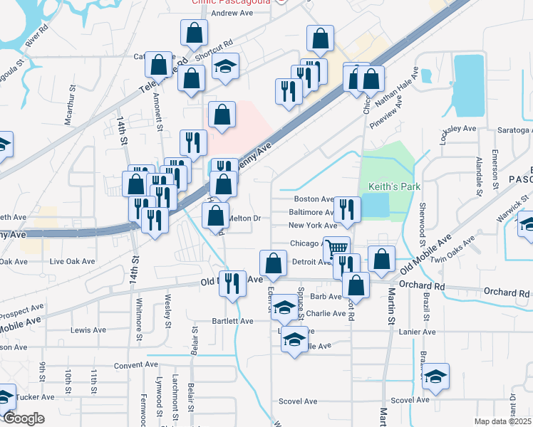 map of restaurants, bars, coffee shops, grocery stores, and more near 3705 Eden Street in Pascagoula