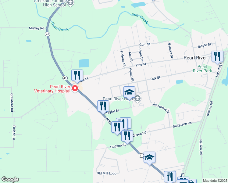 map of restaurants, bars, coffee shops, grocery stores, and more near 64576 Barrington Court in Pearl River