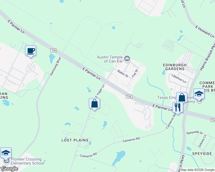 map of restaurants, bars, coffee shops, grocery stores, and more near 5005 East Parmer Lane in Manor