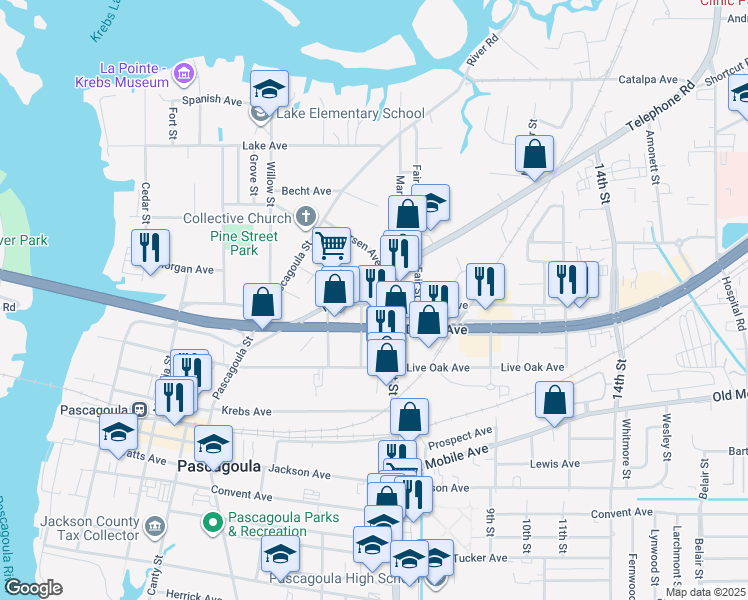 map of restaurants, bars, coffee shops, grocery stores, and more near 1415 Kenneth Avenue in Pascagoula