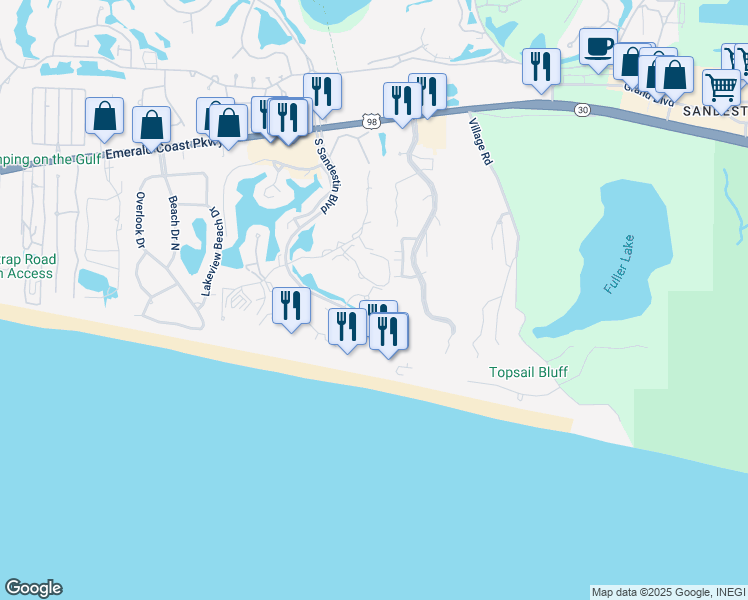 map of restaurants, bars, coffee shops, grocery stores, and more near 5002 South Sandestin Boulevard in Destin