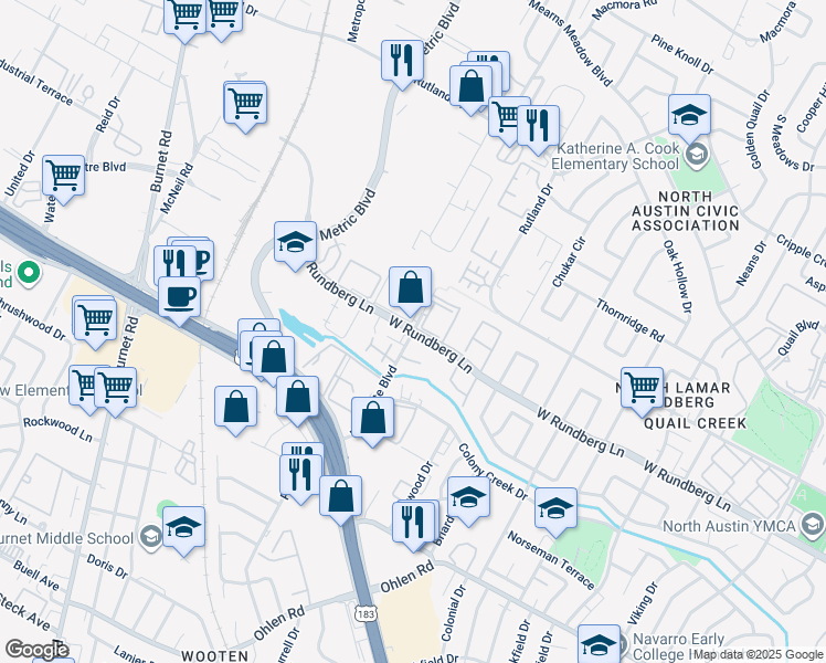 map of restaurants, bars, coffee shops, grocery stores, and more near W Rundberg Ln & Northgate Blvd in Austin