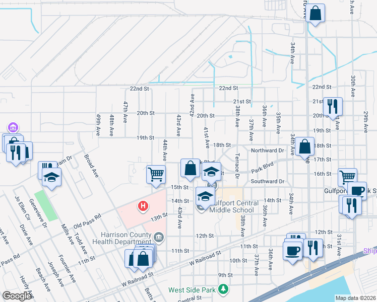 map of restaurants, bars, coffee shops, grocery stores, and more near 1713 42nd Avenue in Gulfport