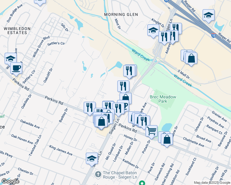 map of restaurants, bars, coffee shops, grocery stores, and more near 8566 Siegen Lane in Baton Rouge