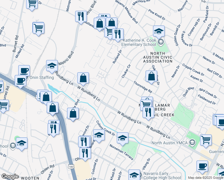 map of restaurants, bars, coffee shops, grocery stores, and more near 1621 Rutland Drive in Austin