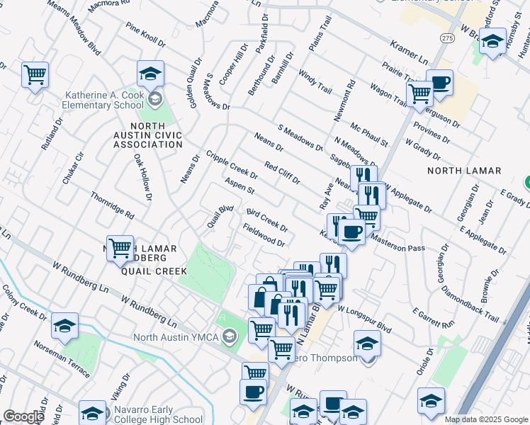 map of restaurants, bars, coffee shops, grocery stores, and more near 1008 Bird Creek Drive in Austin