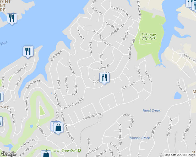 map of restaurants, bars, coffee shops, grocery stores, and more near 210 Copperleaf Road in Austin