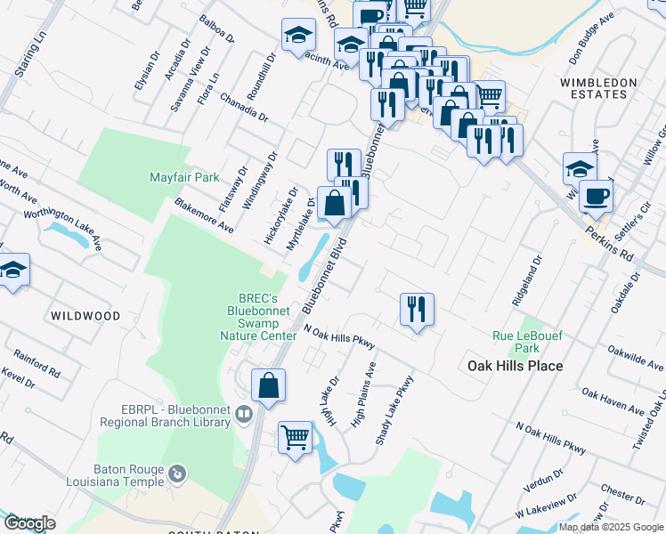 map of restaurants, bars, coffee shops, grocery stores, and more near 8595 Bluebonnet Boulevard in Baton Rouge
