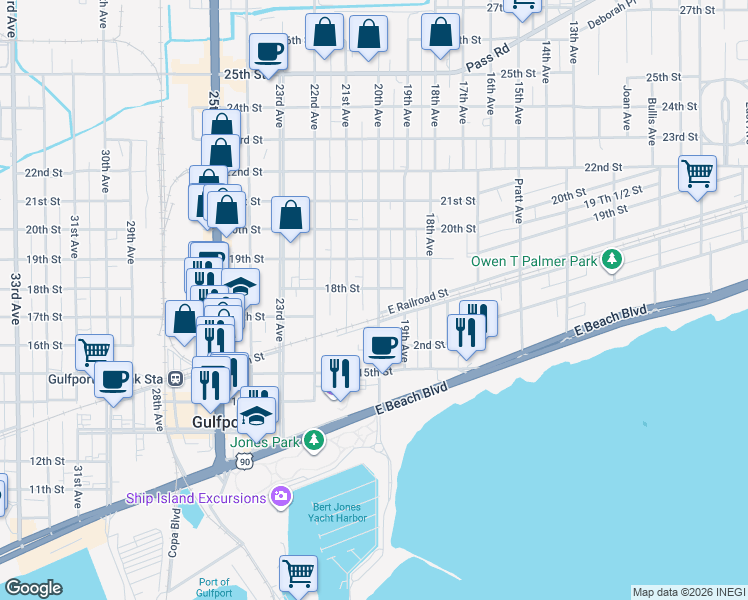 map of restaurants, bars, coffee shops, grocery stores, and more near 62 20th Avenue in Gulfport