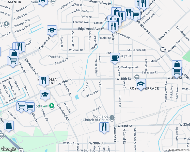 map of restaurants, bars, coffee shops, grocery stores, and more near 5502 Verbena Road in Jacksonville