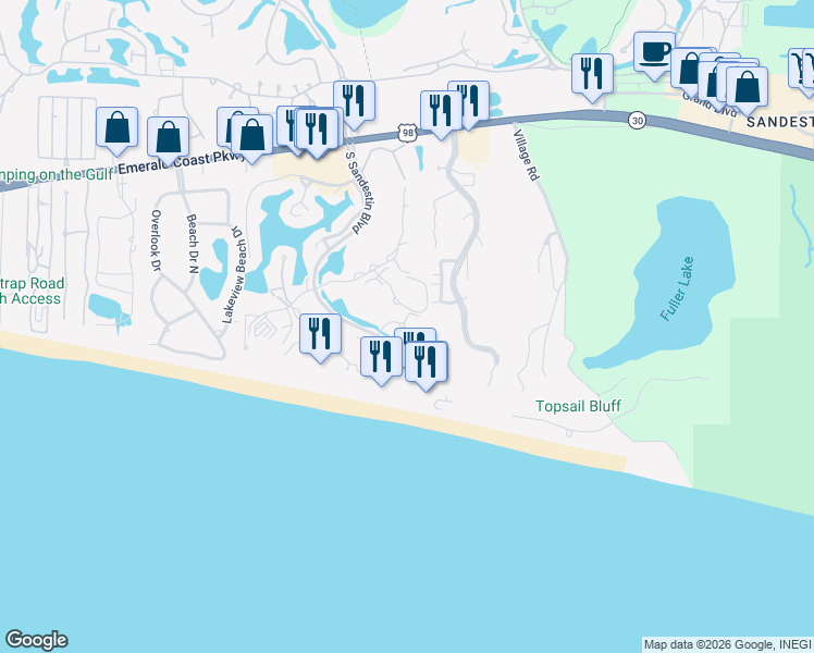 map of restaurants, bars, coffee shops, grocery stores, and more near 5000 South Sandestin Boulevard in Miramar Beach