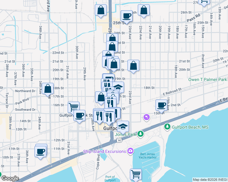 map of restaurants, bars, coffee shops, grocery stores, and more near 1718 25th Avenue in Gulfport