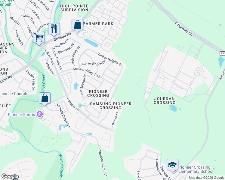 map of restaurants, bars, coffee shops, grocery stores, and more near 12212 Timber Heights Drive in Austin
