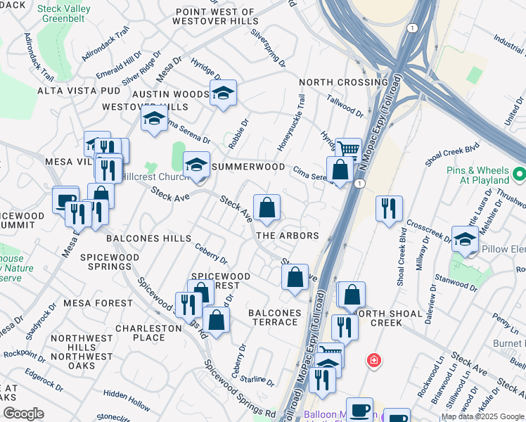 map of restaurants, bars, coffee shops, grocery stores, and more near 8219 Summer Place Drive in Austin