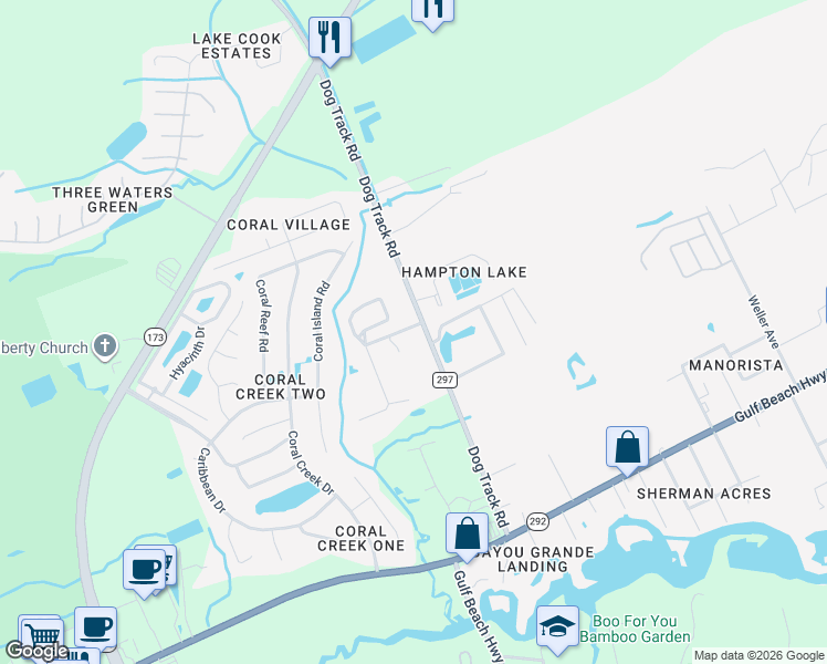 map of restaurants, bars, coffee shops, grocery stores, and more near 9818 Vonna Jo Drive in Pensacola