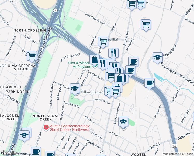 map of restaurants, bars, coffee shops, grocery stores, and more near 2706 Thrushwood Drive in Austin