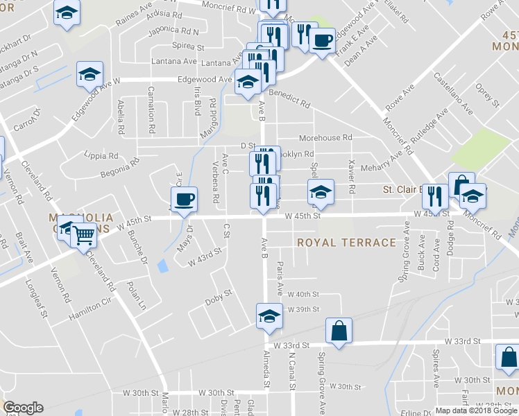 map of restaurants, bars, coffee shops, grocery stores, and more near 5510 Avenue B in Jacksonville