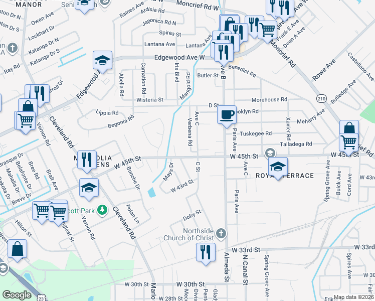 map of restaurants, bars, coffee shops, grocery stores, and more near 5502 Verbena Road in Jacksonville