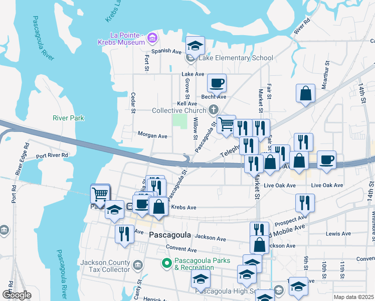 map of restaurants, bars, coffee shops, grocery stores, and more near 3803 Pascagoula Street in Pascagoula