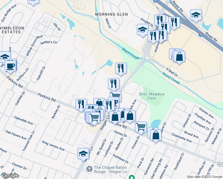 map of restaurants, bars, coffee shops, grocery stores, and more near 8566 Siegen Lane in Baton Rouge