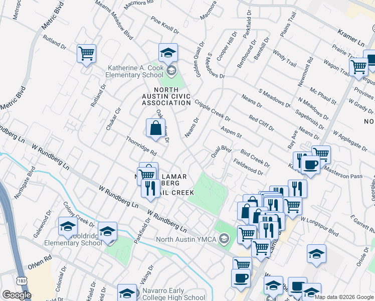 map of restaurants, bars, coffee shops, grocery stores, and more near 9803 Parkfield Drive in Austin