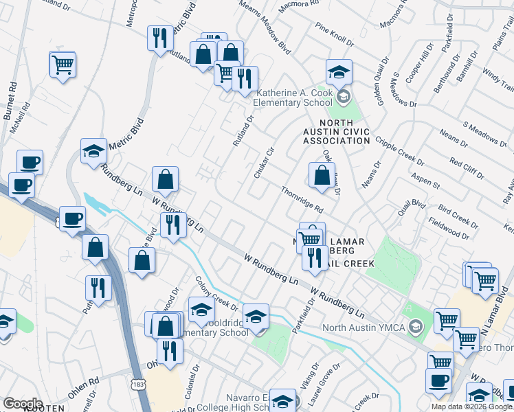 map of restaurants, bars, coffee shops, grocery stores, and more near 9614 Chukar Circle in Austin