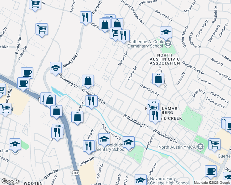 map of restaurants, bars, coffee shops, grocery stores, and more near 1621 Rutland Drive in Austin