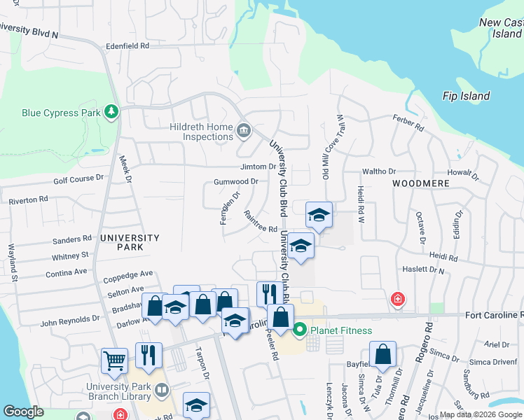 map of restaurants, bars, coffee shops, grocery stores, and more near 6001 Elmburg Court in Jacksonville