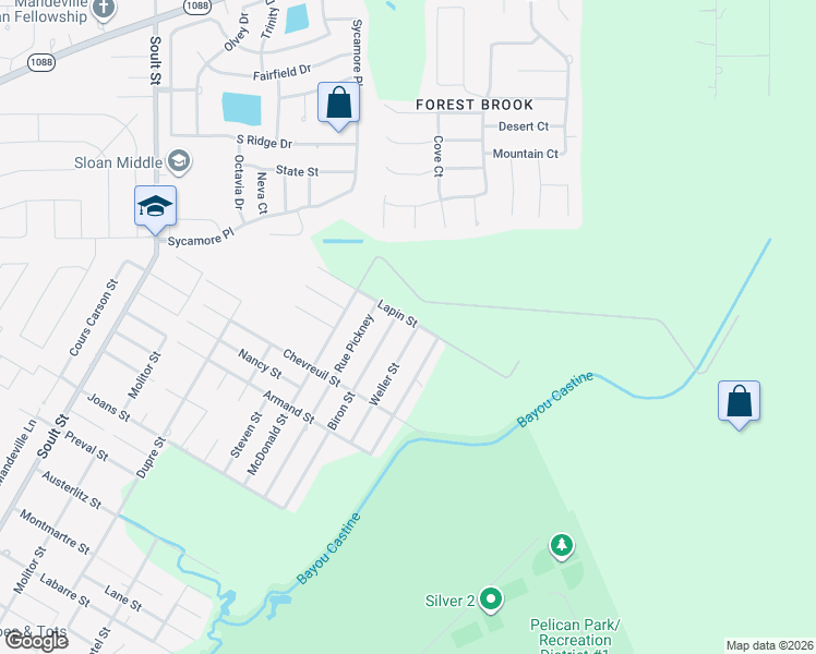 map of restaurants, bars, coffee shops, grocery stores, and more near 2784 Rue Weller in Mandeville
