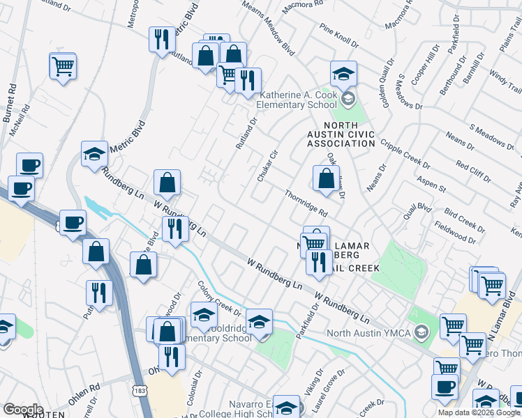 map of restaurants, bars, coffee shops, grocery stores, and more near 9614 Chukar Circle in Austin