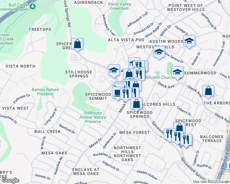 map of restaurants, bars, coffee shops, grocery stores, and more near 4401 Spicewood Springs Road in Austin
