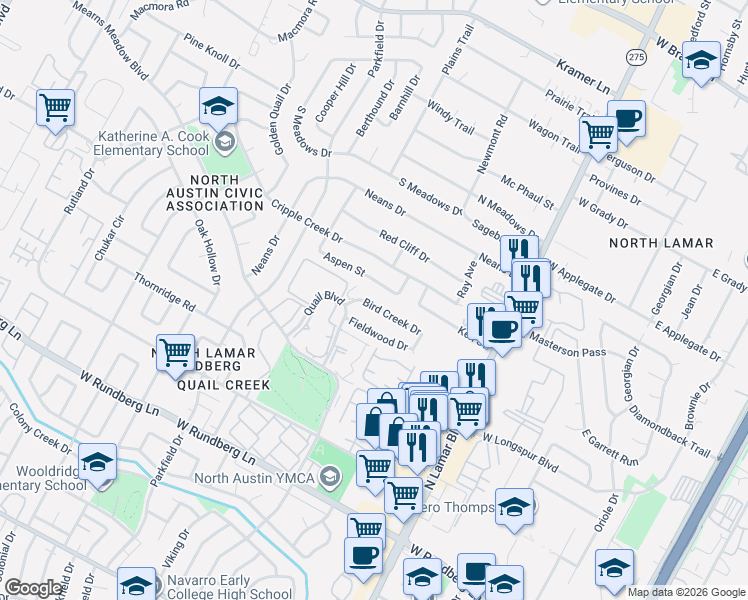 map of restaurants, bars, coffee shops, grocery stores, and more near 1008 Bird Creek Drive in Austin