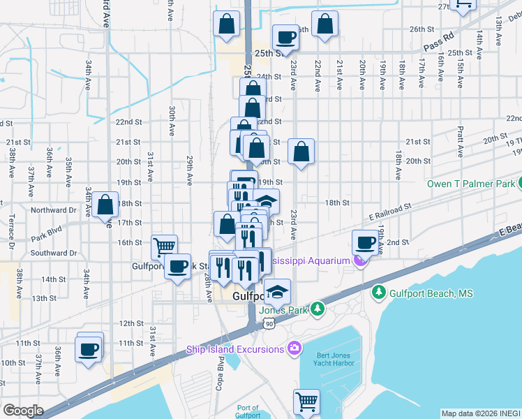 map of restaurants, bars, coffee shops, grocery stores, and more near 1718 25th Avenue in Gulfport
