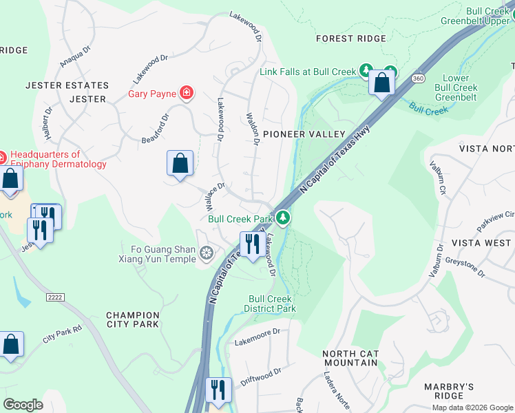 map of restaurants, bars, coffee shops, grocery stores, and more near 7211 Lakewood Drive in Austin