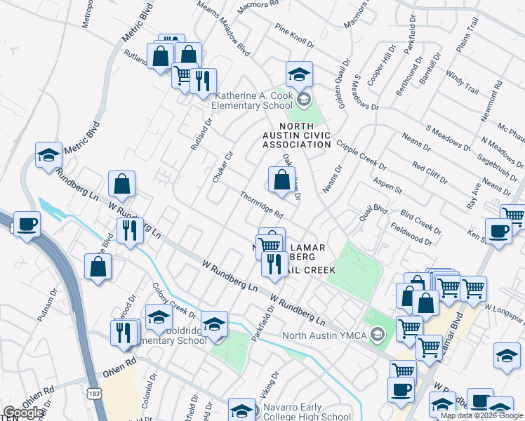 map of restaurants, bars, coffee shops, grocery stores, and more near 9601 Newfoundland Circle in Austin