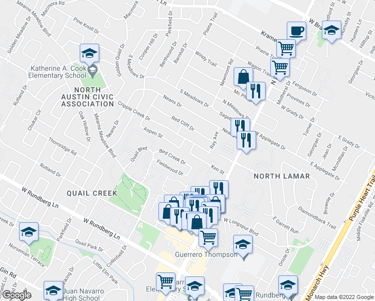 map of restaurants, bars, coffee shops, grocery stores, and more near 915 Ken Street in Austin