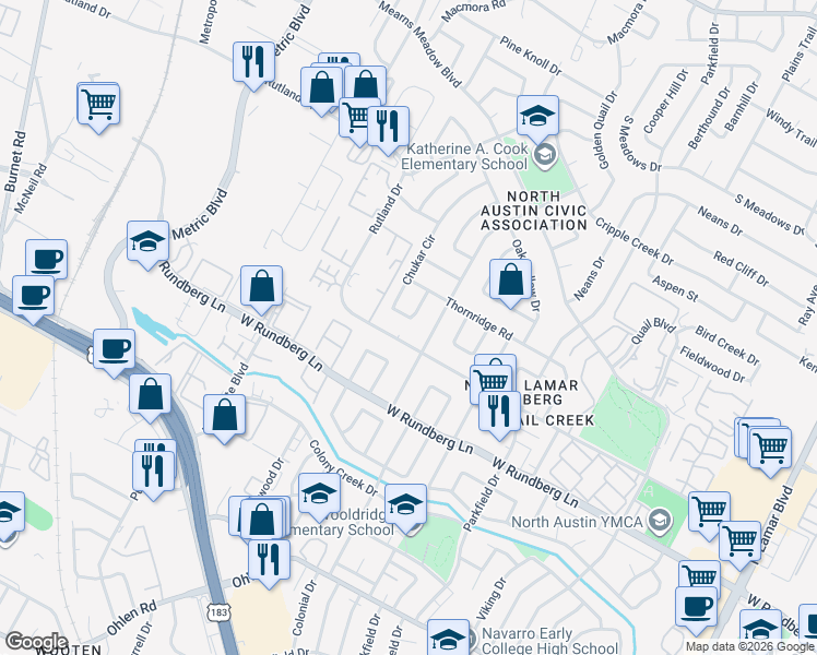 map of restaurants, bars, coffee shops, grocery stores, and more near 9614 Chukar Circle in Austin