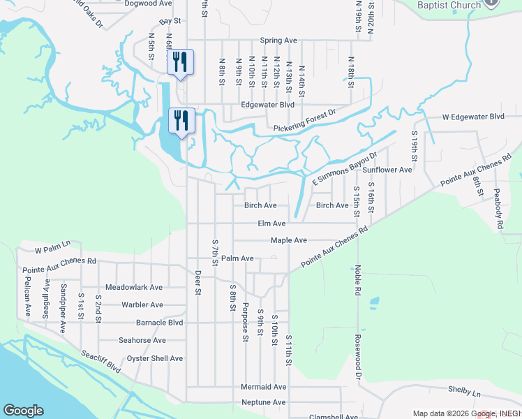 map of restaurants, bars, coffee shops, grocery stores, and more near 8717 Birch Avenue in Ocean Springs
