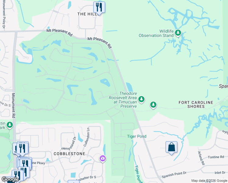 map of restaurants, bars, coffee shops, grocery stores, and more near 3886 Muirfield Boulevard South in Jacksonville