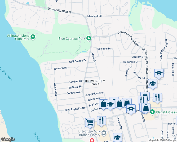 map of restaurants, bars, coffee shops, grocery stores, and more near 5505 Riverton Road in Jacksonville