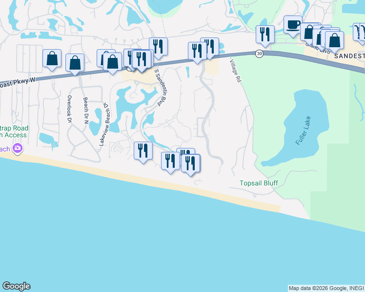 map of restaurants, bars, coffee shops, grocery stores, and more near 5002 South Sandestin Boulevard in Destin
