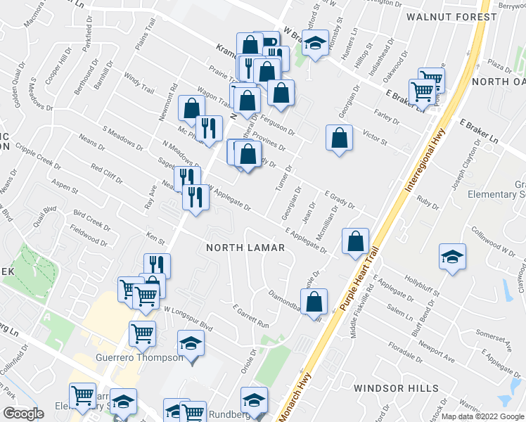 map of restaurants, bars, coffee shops, grocery stores, and more near 200 West Applegate Drive in Austin