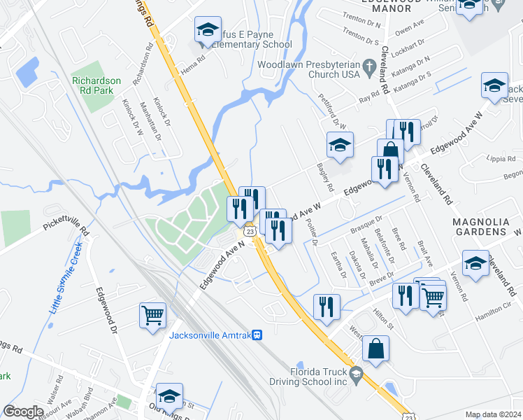 map of restaurants, bars, coffee shops, grocery stores, and more near 6042 Kinnon Drive in Jacksonville