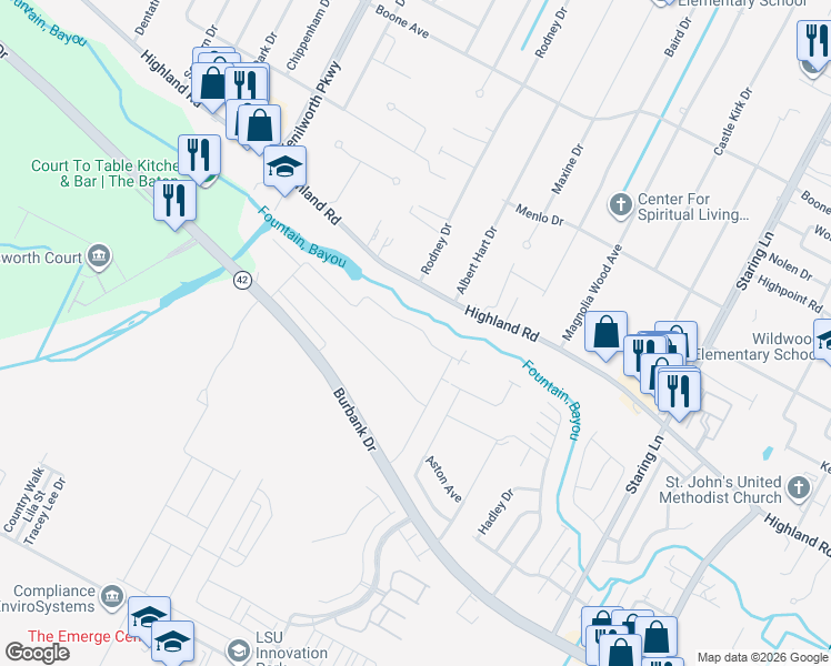 map of restaurants, bars, coffee shops, grocery stores, and more near 8252 Valencia Court in Baton Rouge