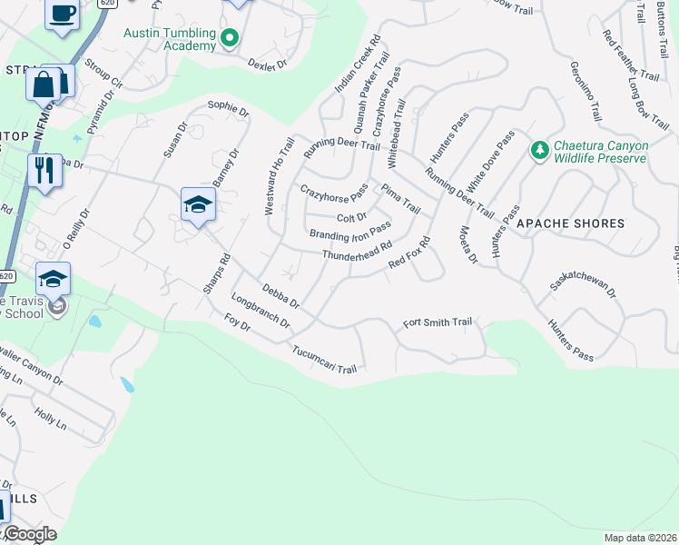 map of restaurants, bars, coffee shops, grocery stores, and more near 1412 Red Fox Road in Austin