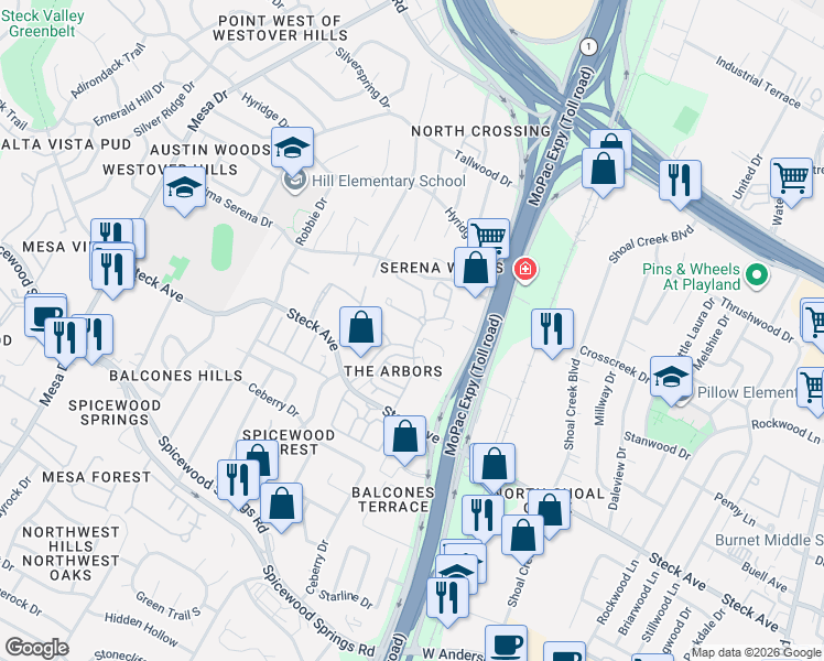 map of restaurants, bars, coffee shops, grocery stores, and more near 8304 Summer Side Drive in Austin